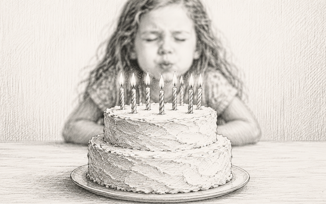 Girl blows out candles on a birthday cake, a ChatGPT generated image for wmarkwhitlock.substack.com